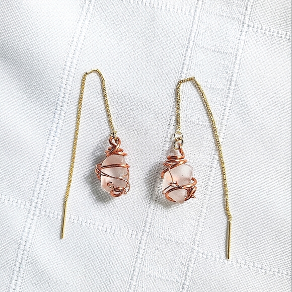 18K Gold Plated Brass Sea glass Threader Dainty Earrings - Picture 1 of 2